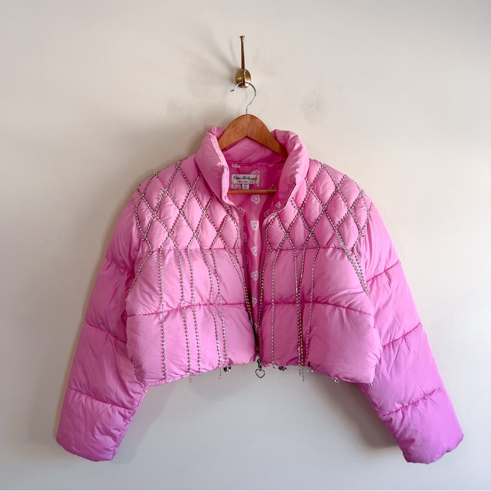 Miss Selfridge Rhinestone Pink Puffer Jacket